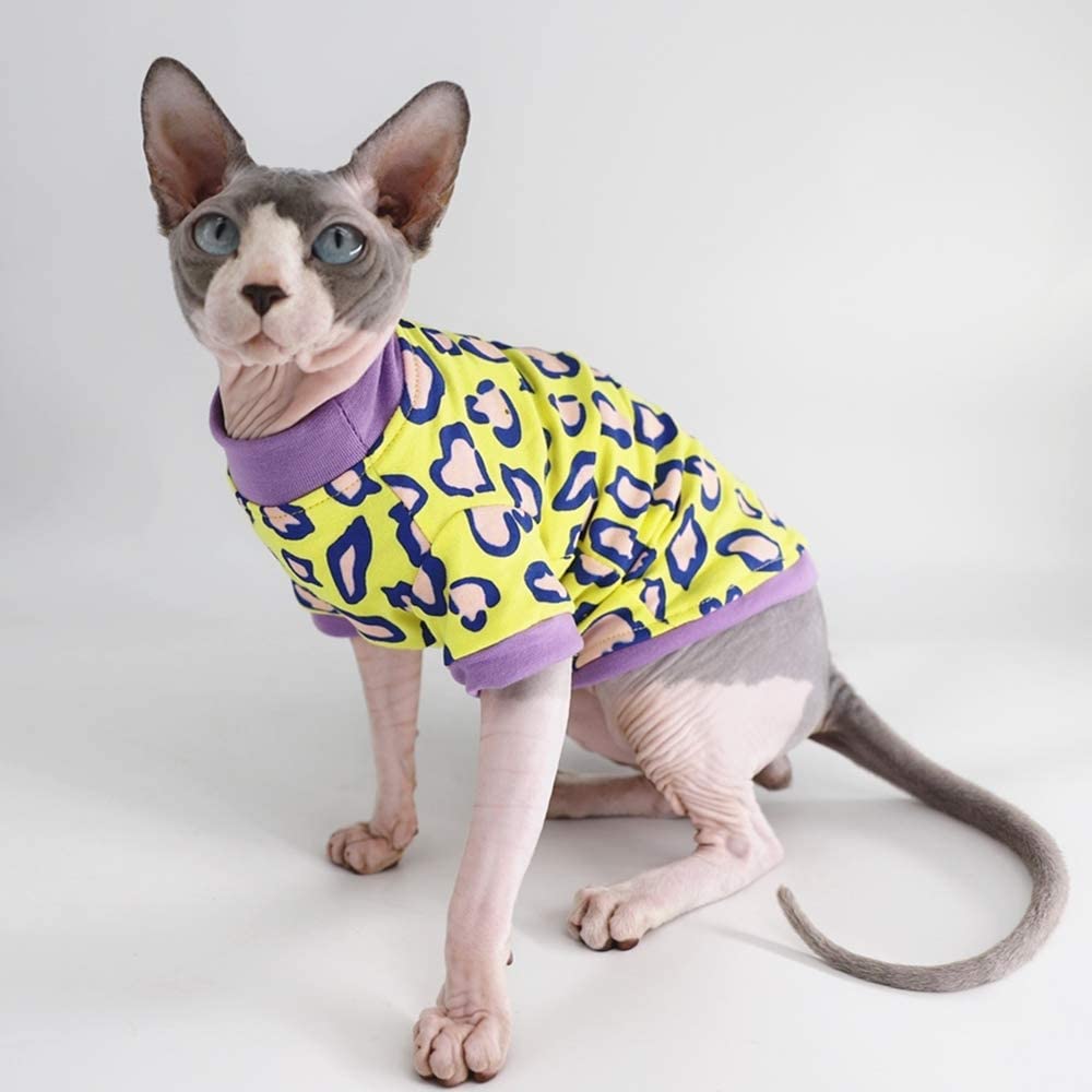 Sphynx Hairless Cat Cute Summer Cotton T-Shirts Pet Clothes,Round Collar Kitten Shirts Cats Apparel (Leopard, Medium (Pack Of 1)